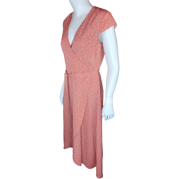 Madison Womens Medium Peach Polka Dot Wrap Dress With Belt V-Neck Short Sleeve - Picture 4 of 12
